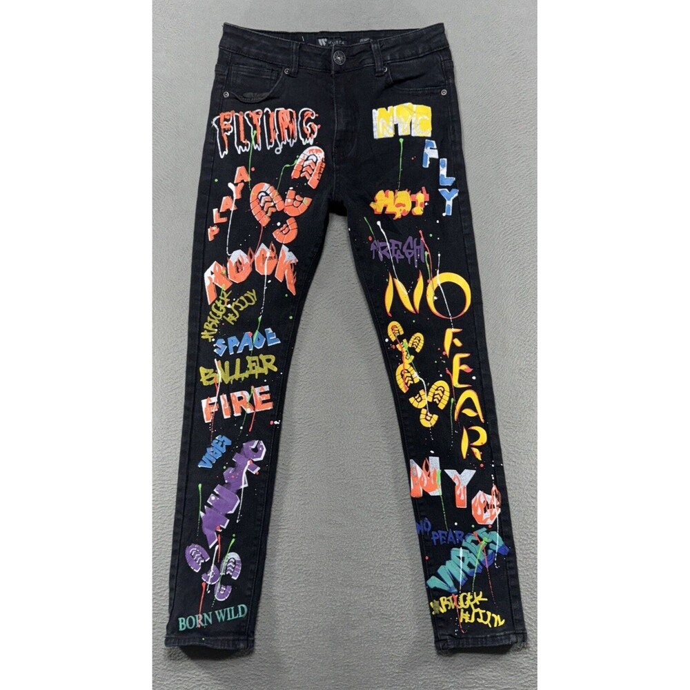 Waimea Jeans Youth Sz 18 Black Skinny‎ Grunge Paint Graphic Graffiti Gothic Emo
